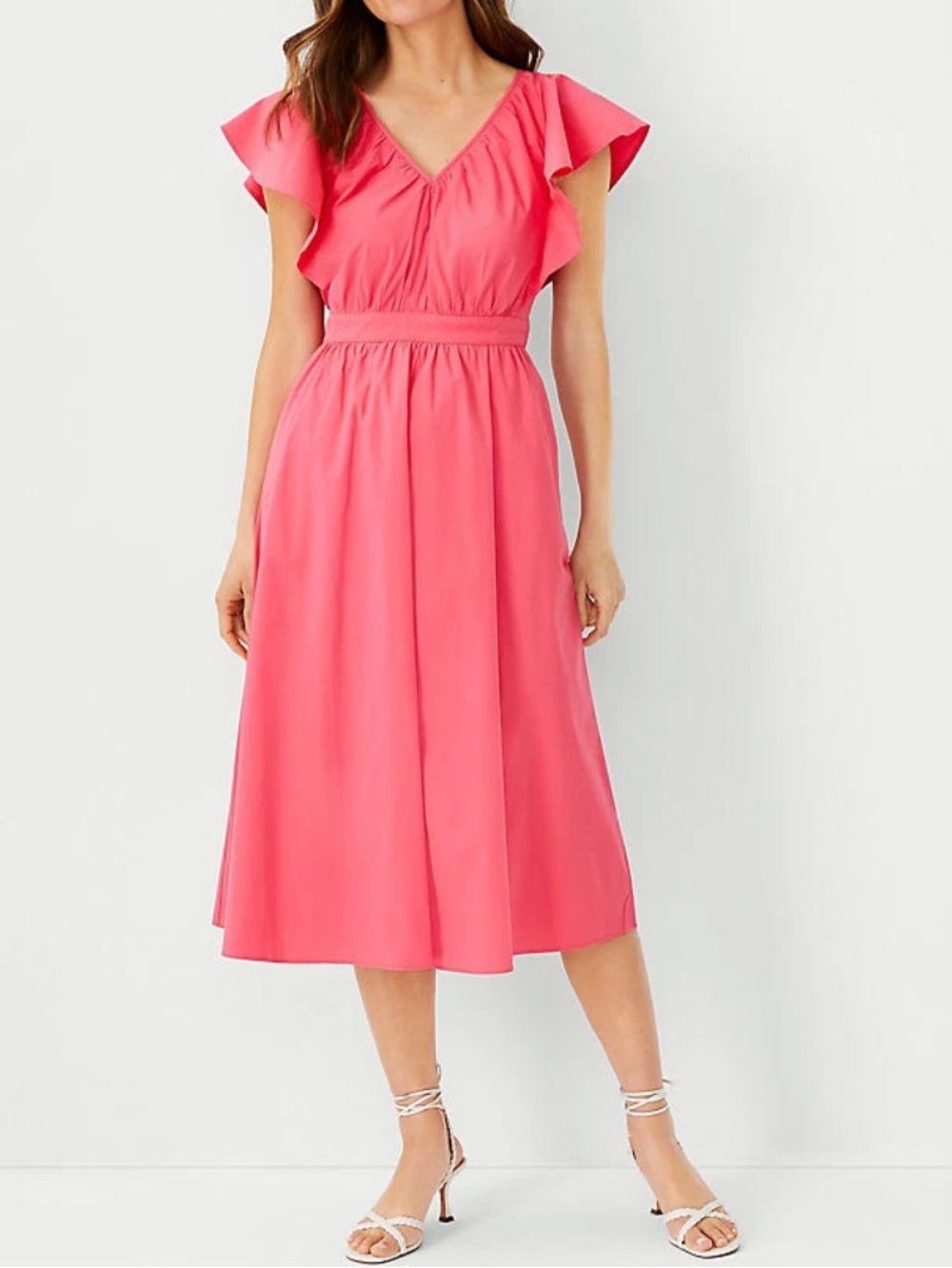 Ann Taylor Flutter Sleeve Midi Dress Size 10 Pink V-Neck Cotton Blend NWT
